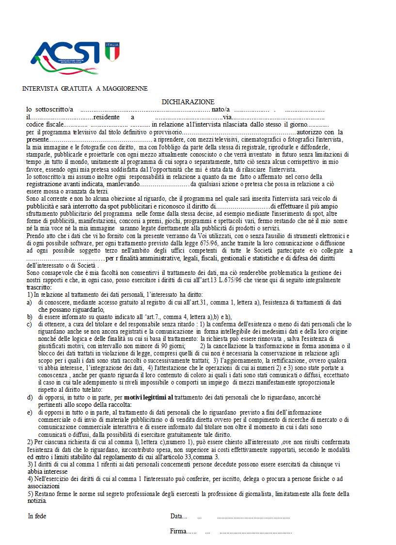 Liberatoria Acsi Maggiorenni