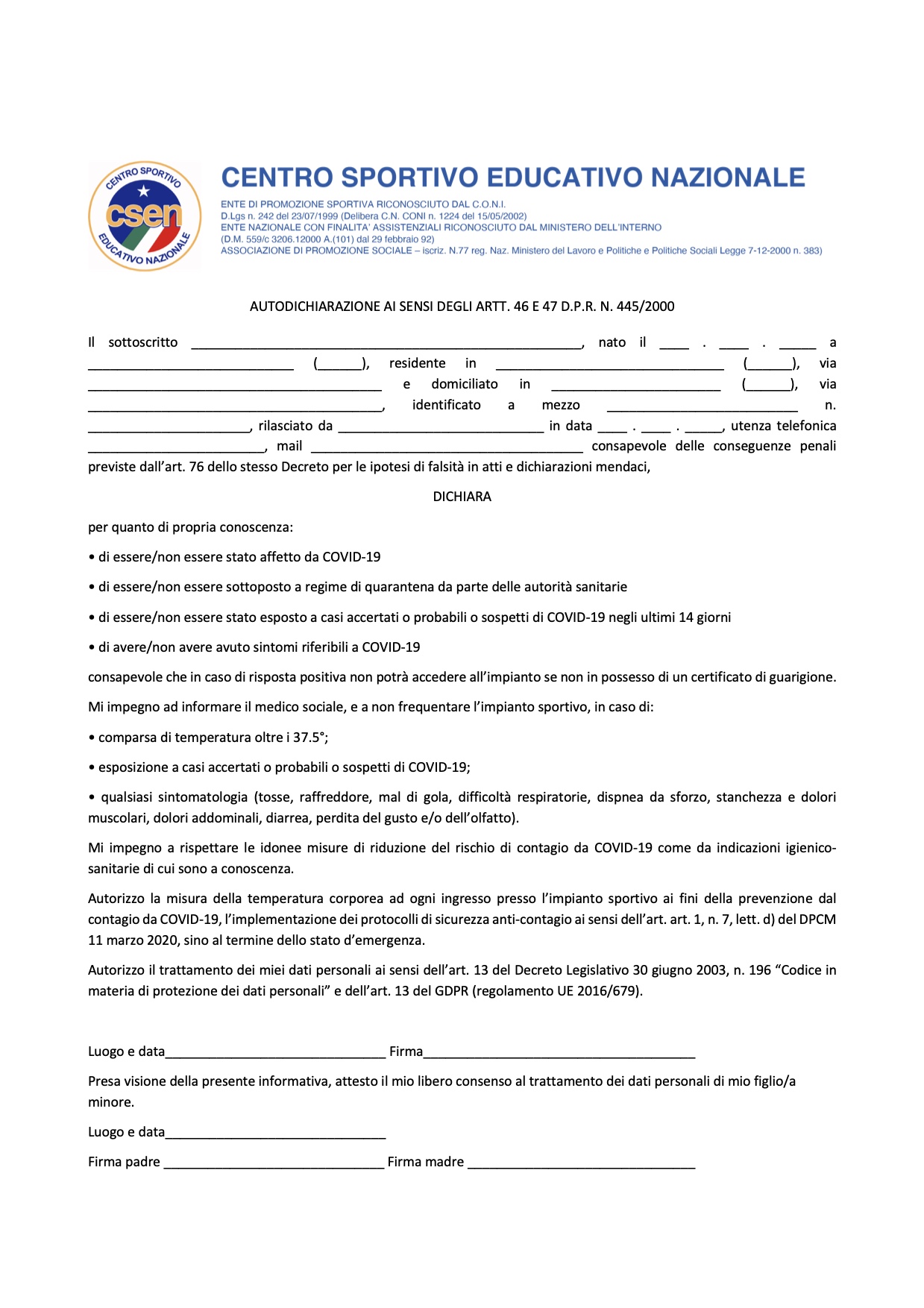 AUTODICHIARAZIONE COVID 19 Sport Fun